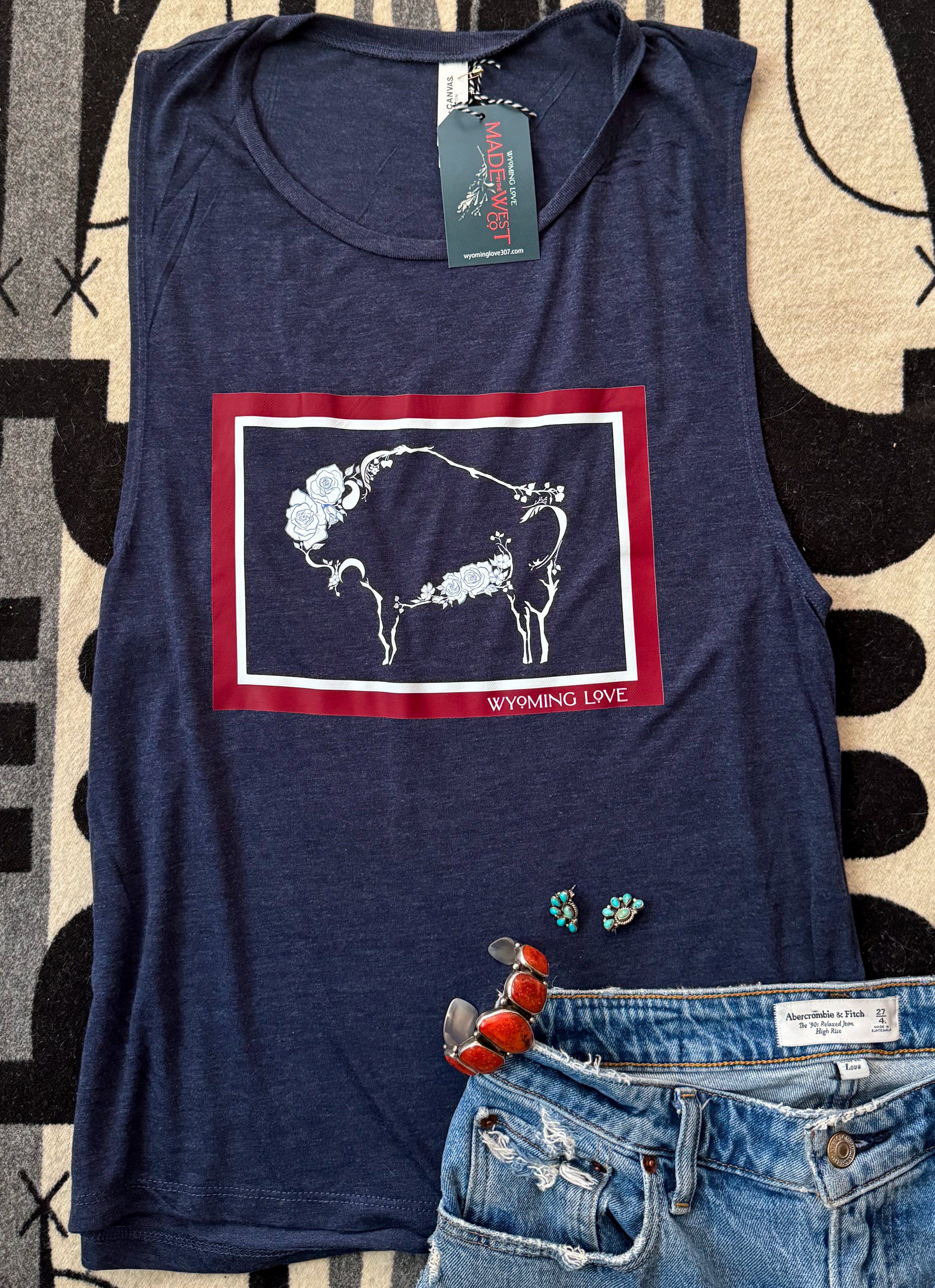 Wild Rose Bison Wyoming Flag - Muscle Tank