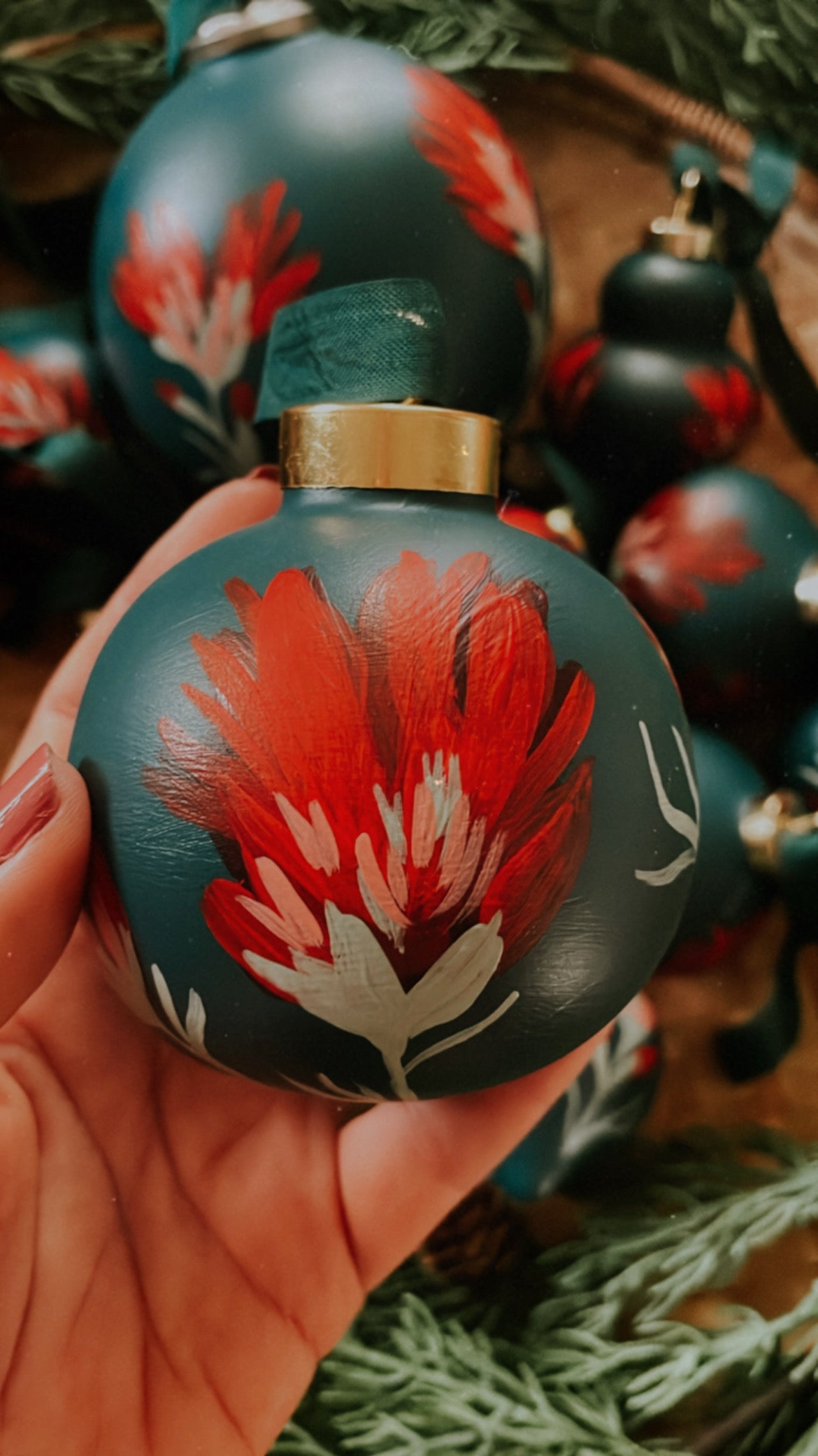 Hand Painted Indian Paintbrush Ornament - Deep Jade