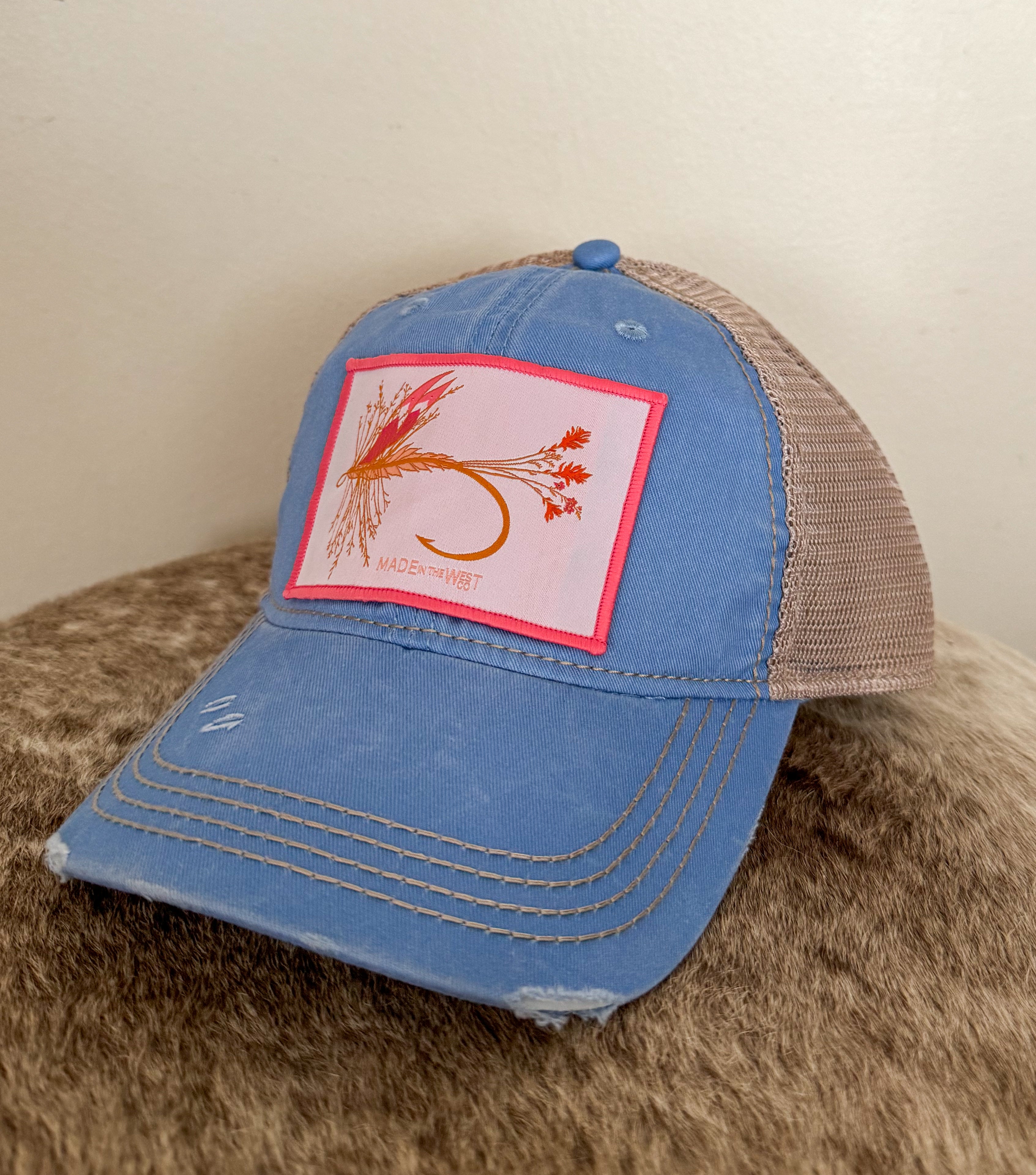 Distressed Columbia Blue Hat - Pink Wildflower Adam’s Fly Patch