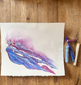 Original Pink Winter Skies - Watercolor and pastel painting