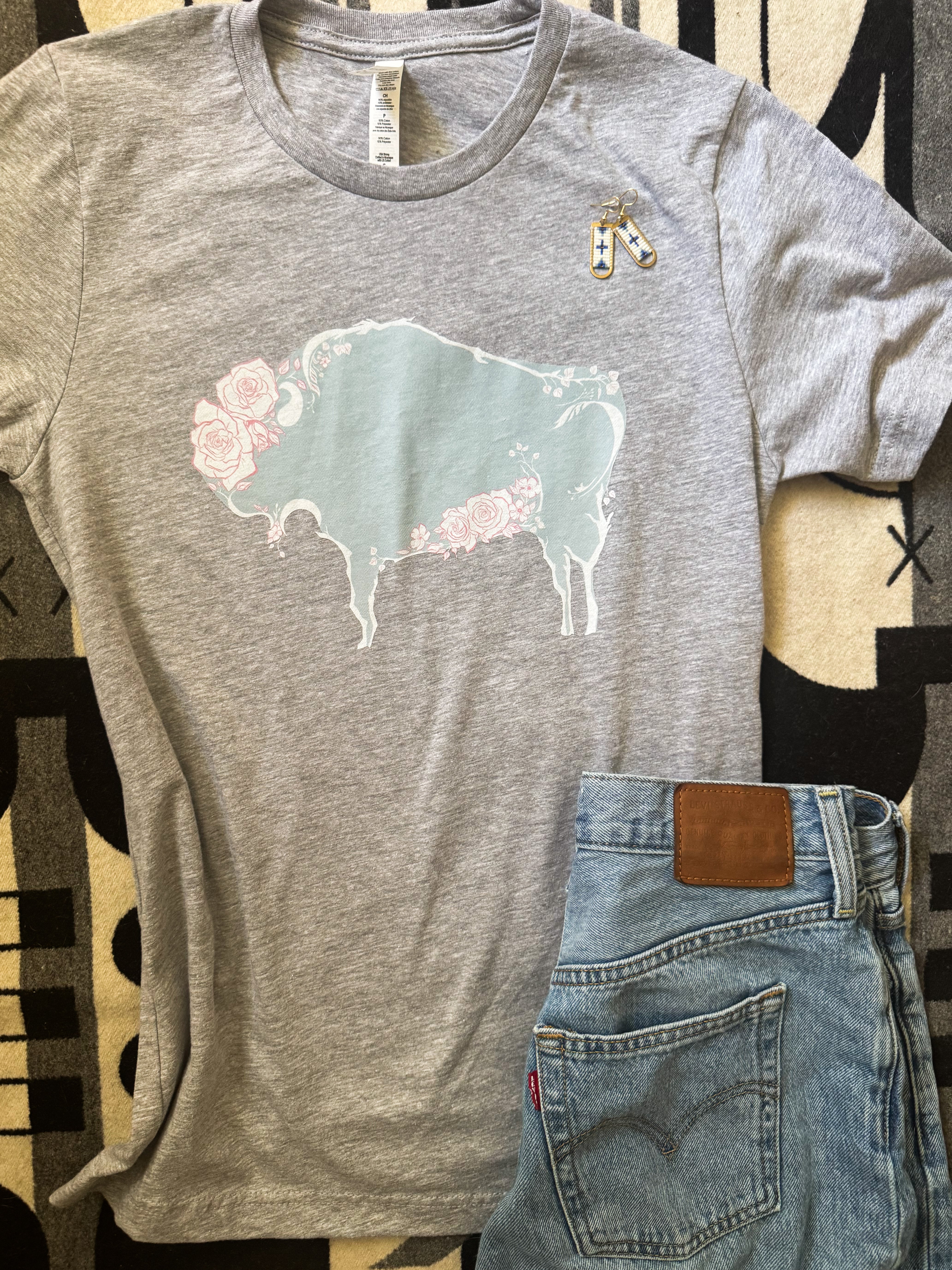 Wild Rose Bison Tee - Blue/Pink