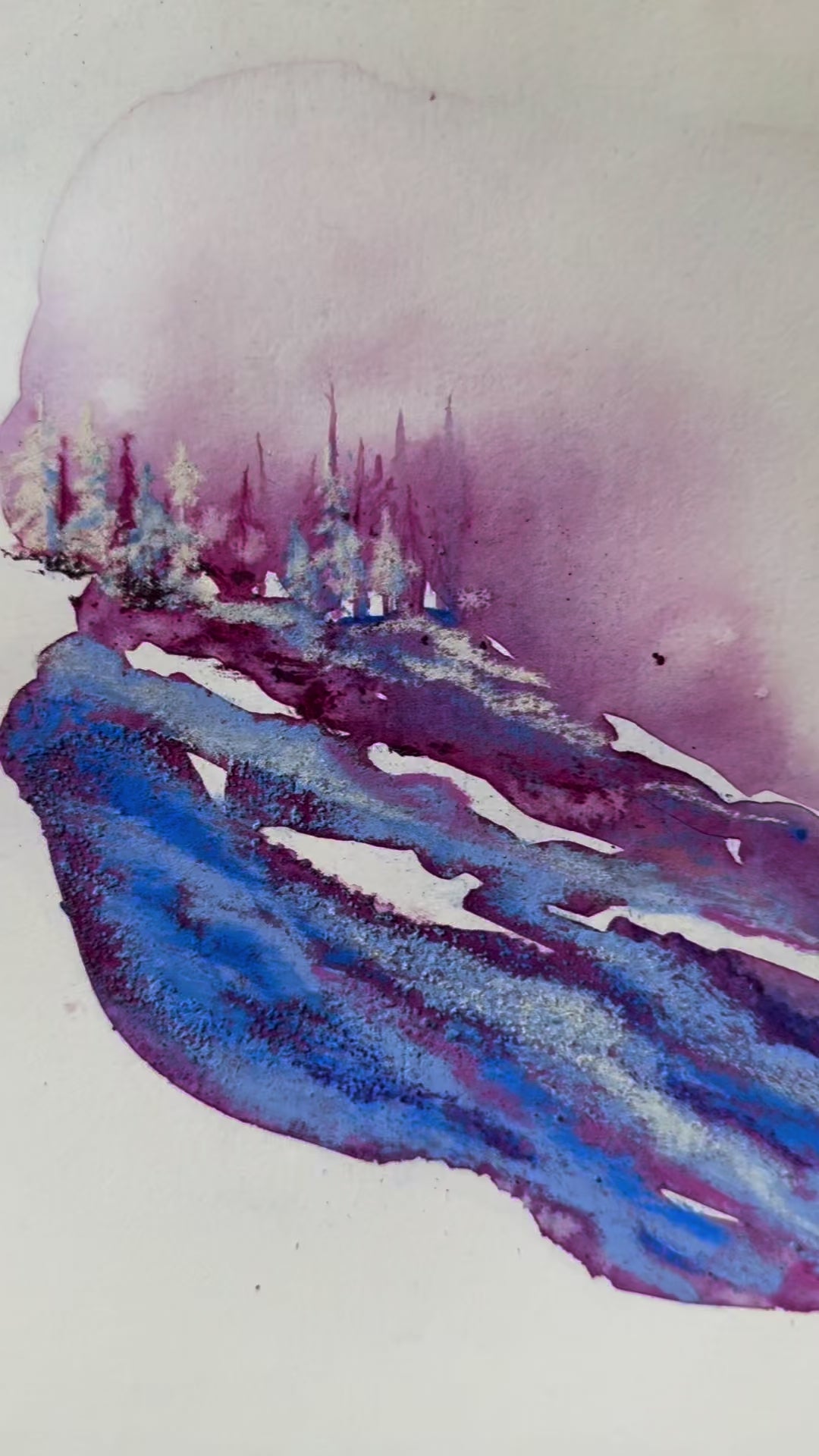 Original Pink Winter Skies - Watercolor and pastel painting